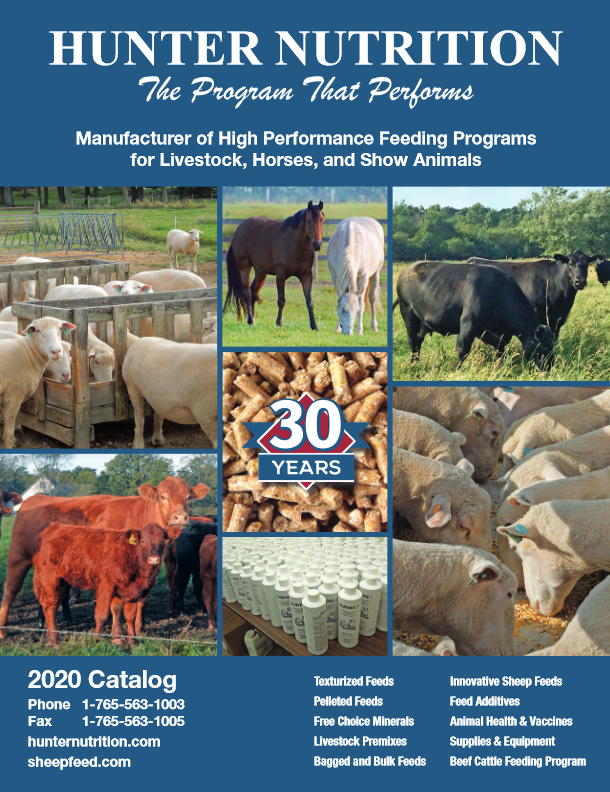 image of the Hunter Nutrition 2020 catalog witha collage of images of different animals against a blue background